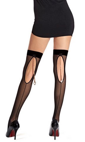 Bas résille chaînette dorée et pendentif en strass