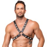 Harnais de poitrine en cuir noir ZADO avec sangles réglables et rivets métalliques.