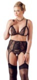 Ensemble lingerie Cottelli Curves en dentelle noire composé d’un soutien-gorge à bonnets ouverts, d’un porte-jarretelles à laçage décoratif et d’un string assorti grande taille.