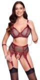 Ensemble lingerie Bondage Cottelli noir et rouge composé d’un soutien-gorge en résille, d’un porte-jarretelles assorti, d’un string ouvert et de menottes amovibles.